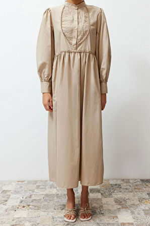 Moda Regular Casual Günlük Terrycotton Dokuma Dik Yaka Uzun Kol A-Line Maxi Boy Tesettür Elbise