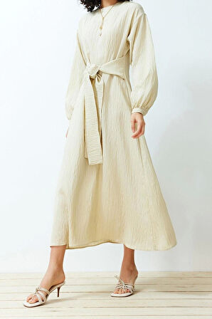 Moda Regular Casual Günlük Crinkle Dokuma Bisiklet Yaka Uzun Kol Shift Maxi Boy Tesettür Elbise