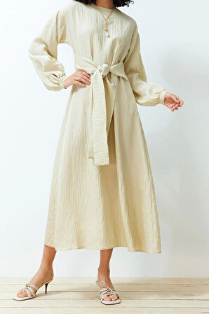 Moda Regular Casual Günlük Crinkle Dokuma Bisiklet Yaka Uzun Kol Shift Maxi Boy Tesettür Elbise