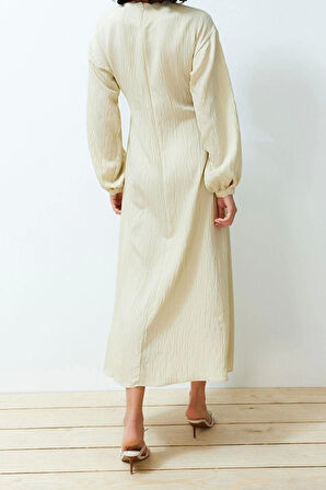 Moda Regular Casual Günlük Crinkle Dokuma Bisiklet Yaka Uzun Kol Shift Maxi Boy Tesettür Elbise