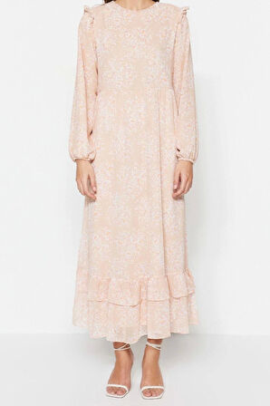 Moda Regular Casual Günlük Şifon Dokuma Bisiklet Yaka Uzun Kol A-Line Maxi Boy Tesettür Elbise