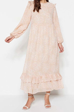 Moda Regular Casual Günlük Şifon Dokuma Bisiklet Yaka Uzun Kol A-Line Maxi Boy Tesettür Elbise