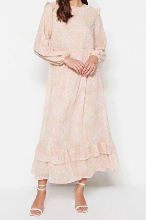 Moda Regular Casual Günlük Şifon Dokuma Bisiklet Yaka Uzun Kol A-Line Maxi Boy Tesettür Elbise