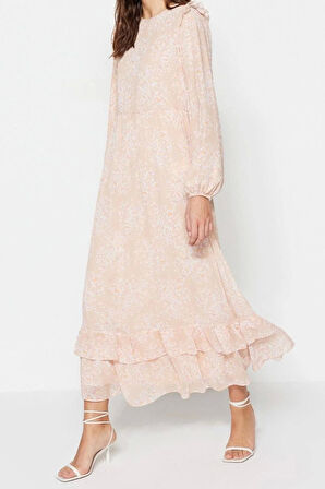 Moda Regular Casual Günlük Şifon Dokuma Bisiklet Yaka Uzun Kol A-Line Maxi Boy Tesettür Elbise