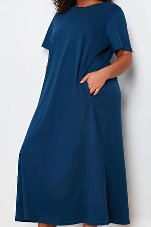 Moda Stil Relaxed Bisiklet Yaka Midi Boy Büyük Beden Örme T-shirt Elbise