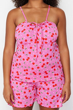 Tarz Rahat Büyük Beden Uzun Kollu Boru Paça Pamuklu Kirazlı Örme Pijama Takımı