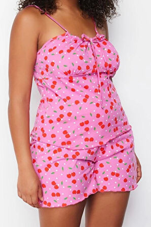 Tarz Rahat Büyük Beden Uzun Kollu Boru Paça Pamuklu Kirazlı Örme Pijama Takımı