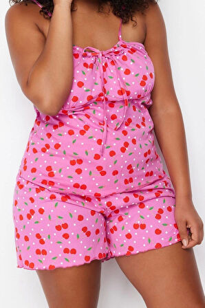 Tarz Rahat Büyük Beden Uzun Kollu Boru Paça Pamuklu Kirazlı Örme Pijama Takımı