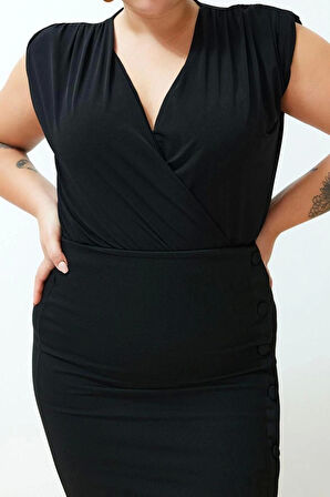 Moda Büyük Beden Kruvaze Örme Fit Düz Desen Casual Günlük Regular Kolsuz Bluz