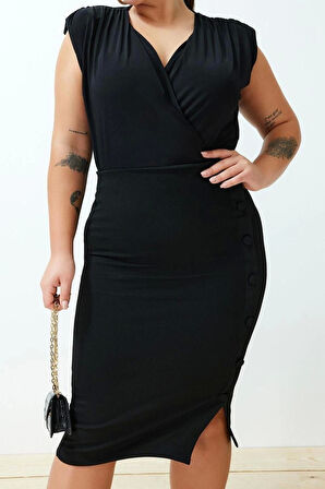 Moda Büyük Beden Kruvaze Örme Fit Düz Desen Casual Günlük Regular Kolsuz Bluz