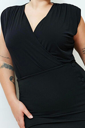 Moda Büyük Beden Kruvaze Örme Fit Düz Desen Casual Günlük Regular Kolsuz Bluz