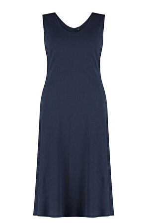 Moda Rahat Casual Günlük Kaşkorse Örme V Yaka Askılı Kol A-Line Midi Boy Büyük Beden Elbise