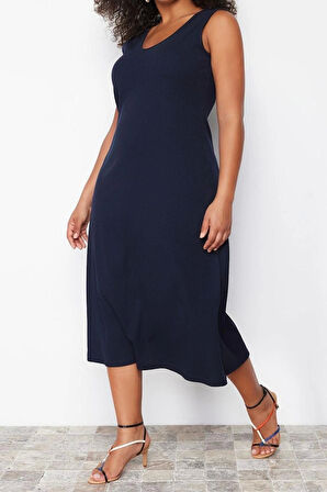 Moda Rahat Casual Günlük Kaşkorse Örme V Yaka Askılı Kol A-Line Midi Boy Büyük Beden Elbise