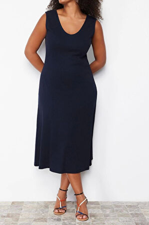 Moda Rahat Casual Günlük Kaşkorse Örme V Yaka Askılı Kol A-Line Midi Boy Büyük Beden Elbise