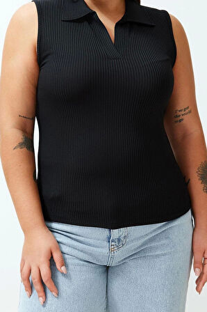 Moda Büyük Beden Polo Yaka Örme Fit Düz Desen Casual Günlük Regular Kolsuz Bluz