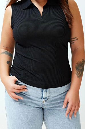 Moda Büyük Beden Polo Yaka Örme Fit Düz Desen Casual Günlük Regular Kolsuz Bluz