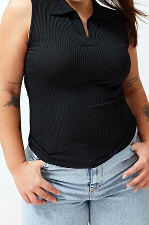 Moda Büyük Beden Polo Yaka Örme Fit Düz Desen Casual Günlük Regular Kolsuz Bluz