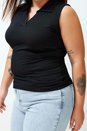 Moda Büyük Beden Polo Yaka Örme Fit Düz Desen Casual Günlük Regular Kolsuz Bluz