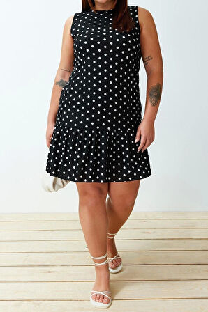 Moda Rahat Günlük Kaşkorse Örme Bisiklet Yaka Kolsuz Kol Eteği Fırfırlı Mini Boy Büyük Beden Elbise