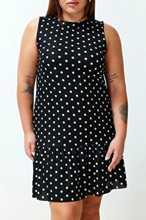 Moda Rahat Günlük Kaşkorse Örme Bisiklet Yaka Kolsuz Kol Eteği Fırfırlı Mini Boy Büyük Beden Elbise