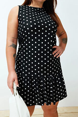 Moda Rahat Günlük Kaşkorse Örme Bisiklet Yaka Kolsuz Kol Eteği Fırfırlı Mini Boy Büyük Beden Elbise