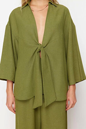 Moda Dokuma Düz Gömlek Yaka Plaj Dokuma Bağlamalı Keten karışımlı Gömlek Pantolon Takım