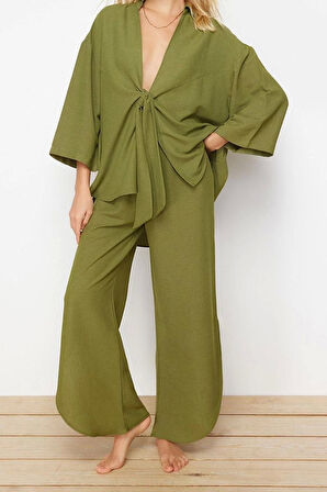 Moda Dokuma Düz Gömlek Yaka Plaj Dokuma Bağlamalı Keten karışımlı Gömlek Pantolon Takım