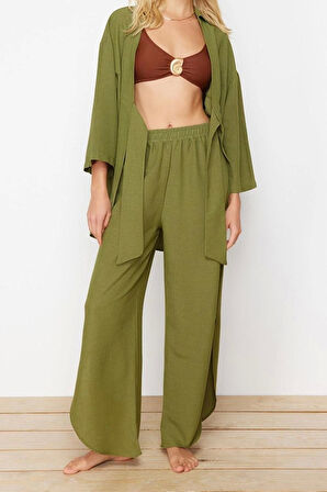 Moda Dokuma Düz Gömlek Yaka Plaj Dokuma Bağlamalı Keten karışımlı Gömlek Pantolon Takım