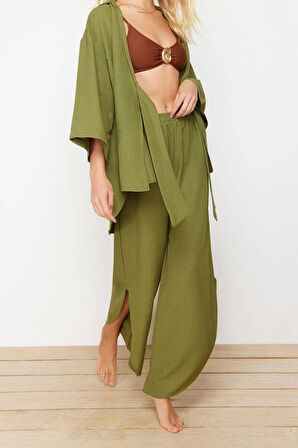 Moda Dokuma Düz Gömlek Yaka Plaj Dokuma Bağlamalı Keten karışımlı Gömlek Pantolon Takım