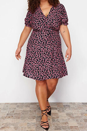 Moda Fit Casual Günlük Shally Dokuma V Yaka Kısa Kol A-Line Mini Boy Büyük Beden Elbise