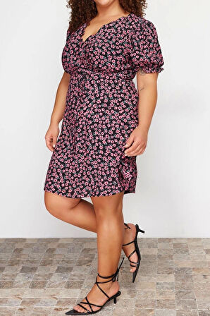 Moda Fit Casual Günlük Shally Dokuma V Yaka Kısa Kol A-Line Mini Boy Büyük Beden Elbise