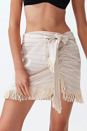Moda Regular Çizgili Desen Plaj Mini Boy Çizgili Dokuma Püsküllü Keten karışımlı %100 Pamuklu Etek