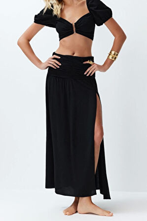 Moda Dokuma Düz V Yaka Plaj Siyah Dokuma Aksesuarlı Bluz Etek Takım