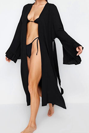 Moda Dokuma Regular Kalıp Uzun V Yaka Normal Kol Flamlı Pamuk Eteği Fırfırlı Düz Desen Kimono Kaftan