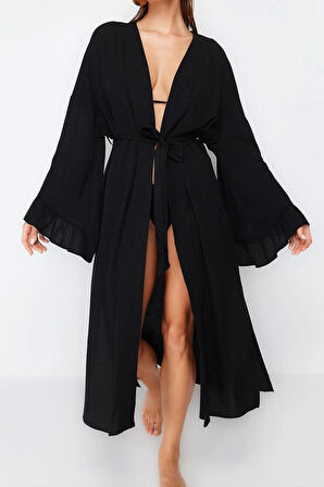 Moda Dokuma Regular Kalıp Uzun V Yaka Normal Kol Flamlı Pamuk Eteği Fırfırlı Düz Desen Kimono Kaftan