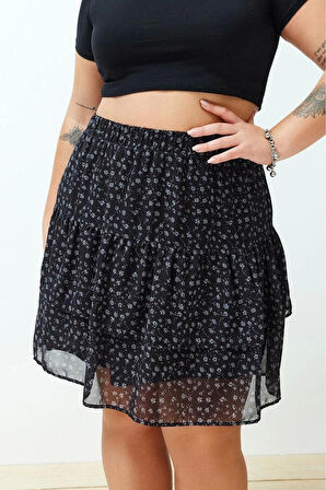 Moda Büyük Beden Regular Çiçekli Desen Günlük Mini Boy Çiçekli Eteği Fırfırlı Mini Dokuma Etek