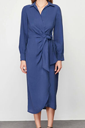 Moda Kruvaze Casual Günlük Modal Kumaş Dokuma Kruvaze Uzun Kol Kruvaze Midi Boy Elbise