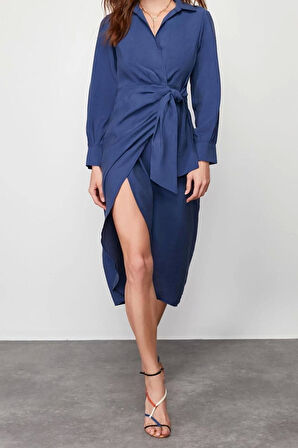 Moda Kruvaze Casual Günlük Modal Kumaş Dokuma Kruvaze Uzun Kol Kruvaze Midi Boy Elbise