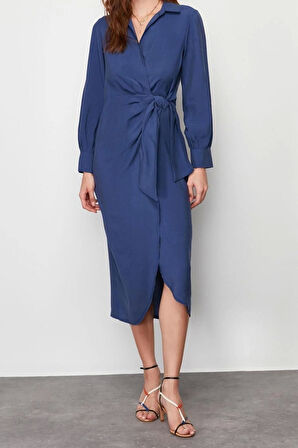 Moda Kruvaze Casual Günlük Modal Kumaş Dokuma Kruvaze Uzun Kol Kruvaze Midi Boy Elbise