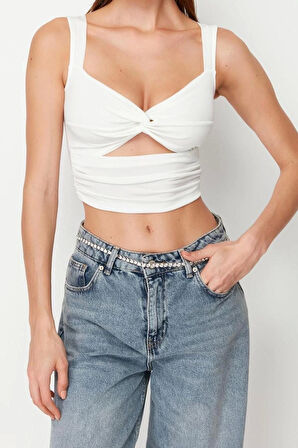 Moda Kalp Yaka Örme Fit Düz Desen Şık gece Crop Askılı Kol Bluz