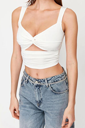 Moda Kalp Yaka Örme Fit Düz Desen Şık gece Crop Askılı Kol Bluz
