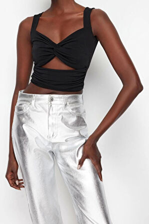 Moda Kalp Yaka Örme Fit Düz Desen Şık gece Crop Askılı Kol Bluz
