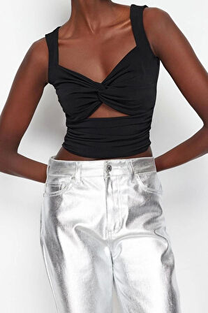 Moda Kalp Yaka Örme Fit Düz Desen Şık gece Crop Askılı Kol Bluz