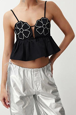 Moda Kalp Yaka Dokuma Crop Düz Desen Şık gece Crop Askılı Kol Bluz