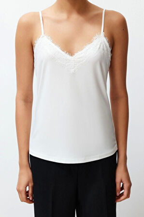 Moda V Yaka Örme Slim Düz Desen Resmi Regular Askılı Kol Bluz