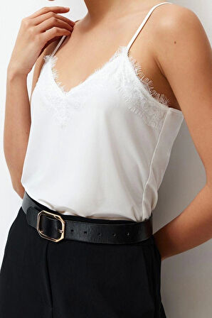 Moda V Yaka Örme Slim Düz Desen Resmi Regular Askılı Kol Bluz