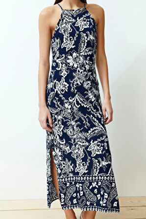 Moda Regular Casual Günlük Shally Dokuma Halter Yaka Kolsuz Kol A-Line Maxi Boy Elbise