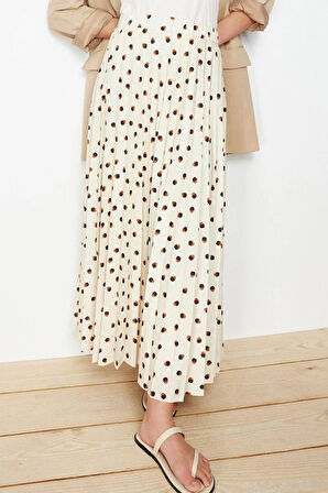 Moda Tesettür Regular Puantiyeli Günlük Maxi Boy Astarlı Animal Puantiyeli Piliseli Dokuma Etek