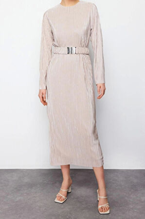 Moda Regular Casual Günlük 2 İplik Örme Bisiklet Yaka Uzun Kol Basic Maxi Boy Tesettür Elbise