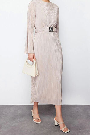 Moda Regular Casual Günlük 2 İplik Örme Bisiklet Yaka Uzun Kol Basic Maxi Boy Tesettür Elbise